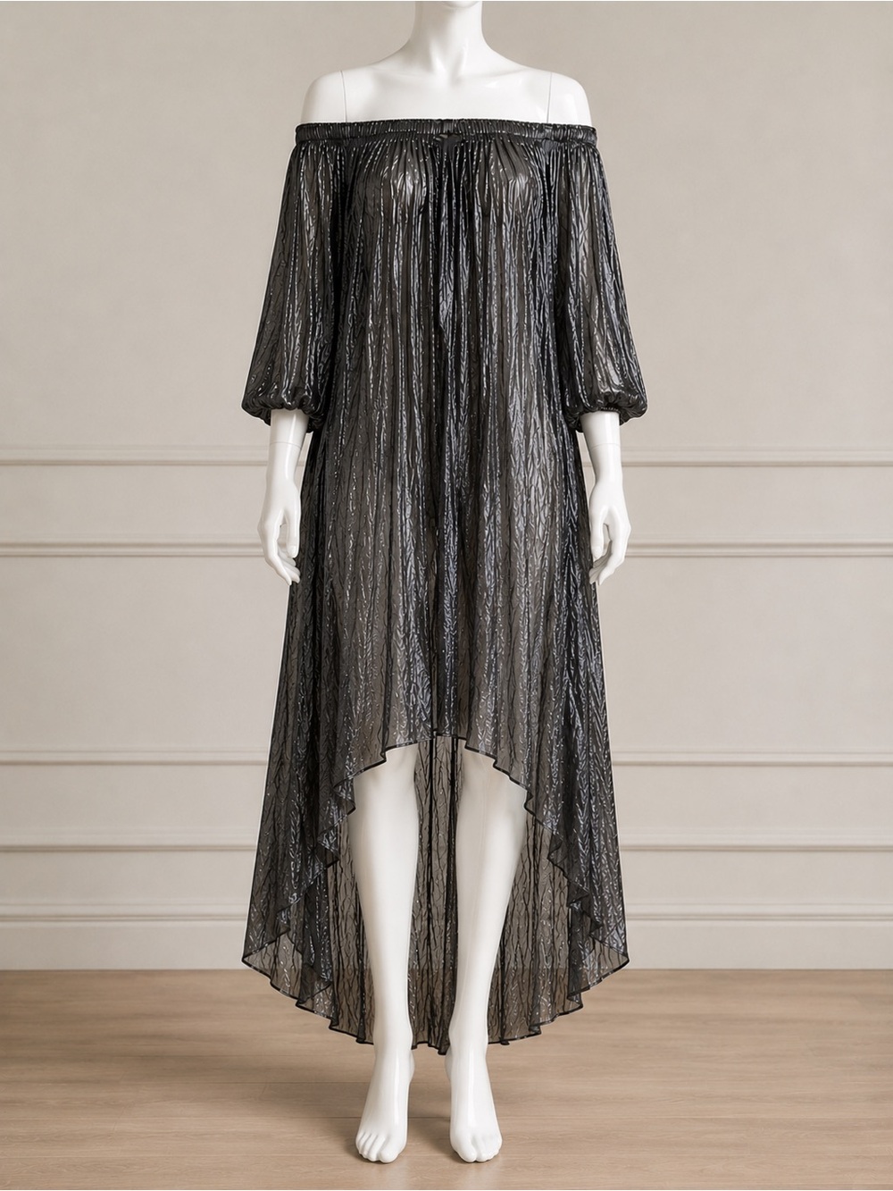 Elena Makri Mykonos Arcadia Sparkly Metallic Maxi off shoulder sheer Cover Up OS